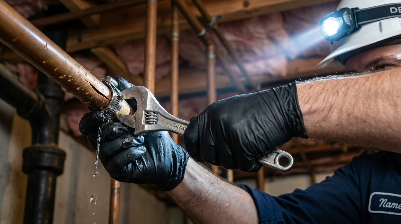 Emergency pipe clamp repair being performed by a Johns Plumbing LLC plumber in Culpeper